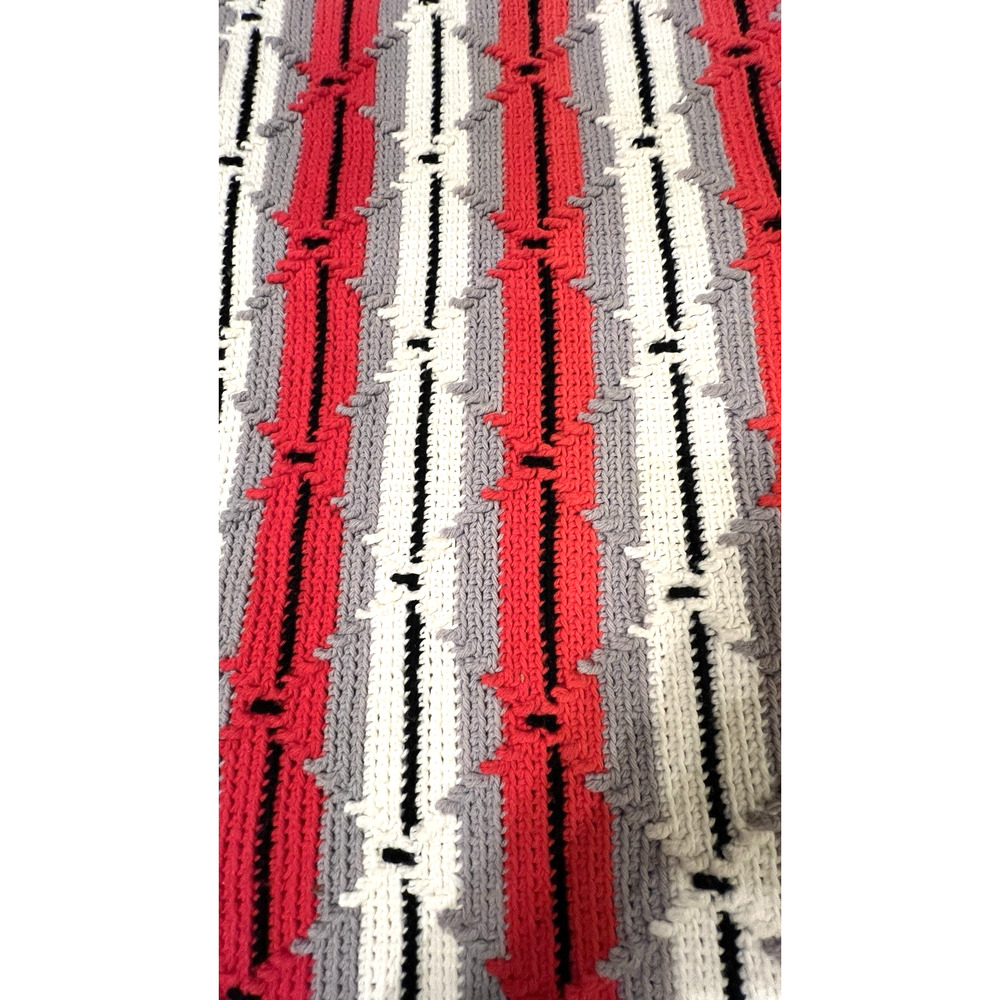 Handmade Crochet Afghan 52" x 68" Striped Red Gray White Couch Throw Blanket - Picture 3 of 6